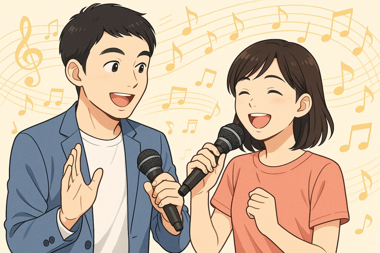 ボイストレーニングを受ける初心者の男女がマイクを持って歌っている様子。音符が舞い、楽しさが伝わるイメージ。歌が上手くなりたい人向けのガイド用ビジュアル。