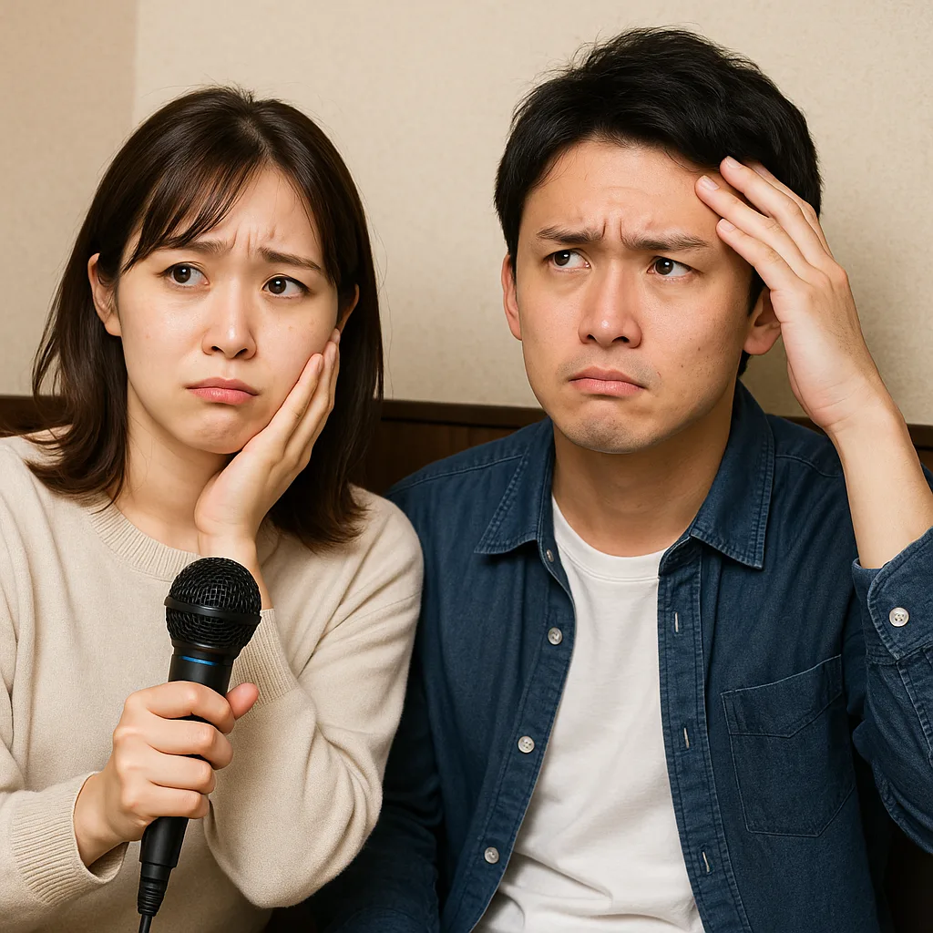カラオケで音程に悩む男女のイラスト。歌が上手くなりたい初心者の不安な表情を描写。