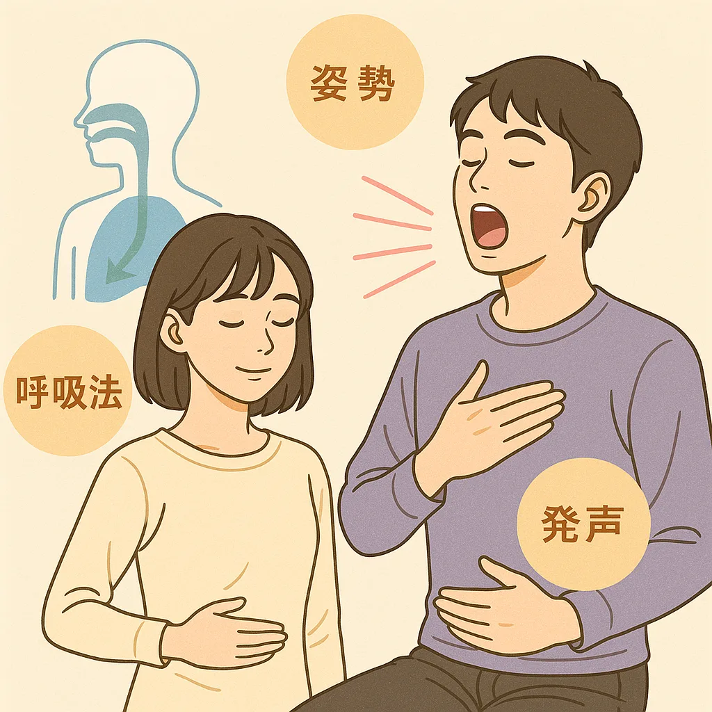 腹式呼吸や正しい発声を練習する日本人男女のイラスト。歌の基礎トレーニングの様子。