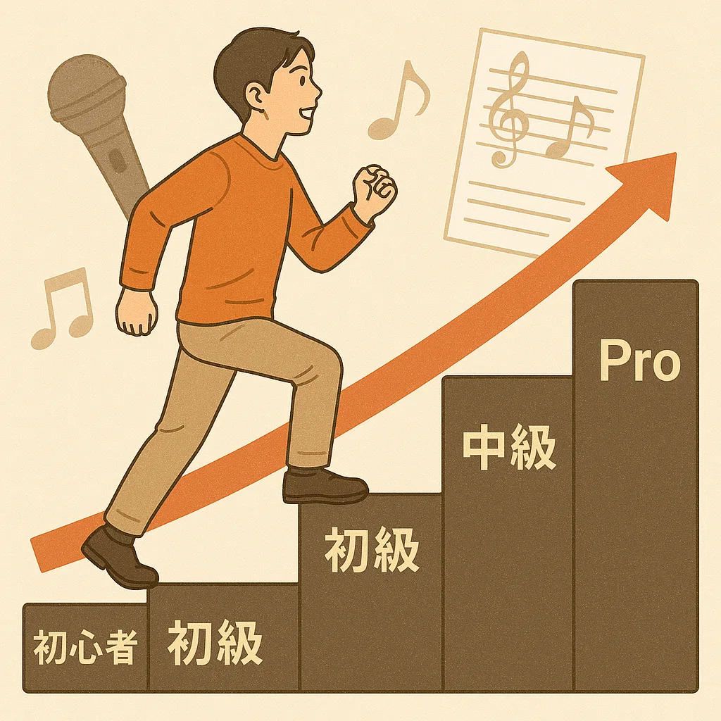 初心者が階段を上りながら歌唱力を伸ばしていくイメージ図。歌の上達プロセスを表現。
