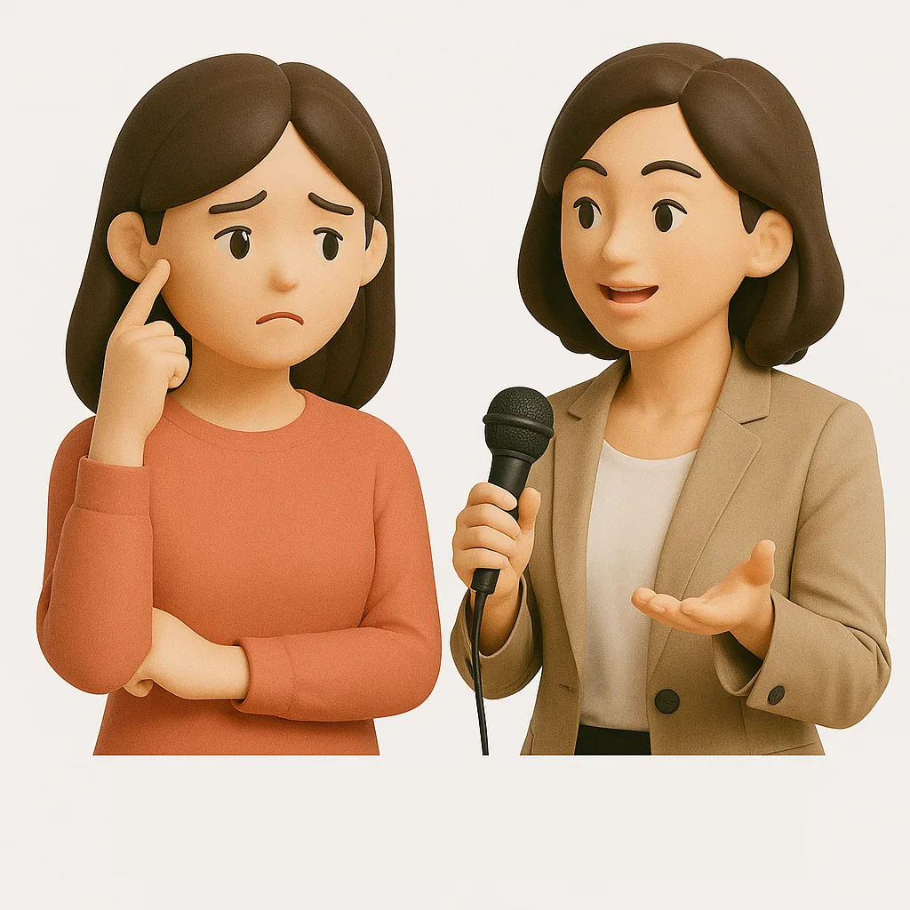 生徒の疑問に丁寧に答える講師のイラスト。ボイトレに関するよくある質問シーン。