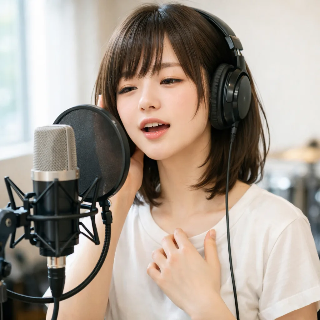 スタジオで歌う若い女性