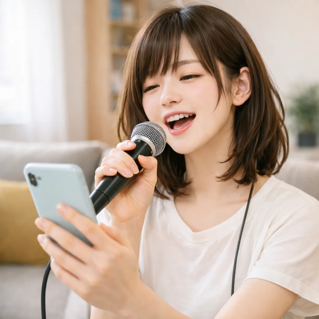 スマートフォンで歌う女性