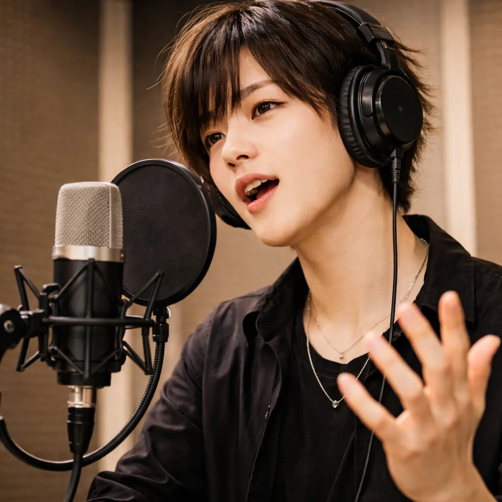 スタジオで歌う若い男性