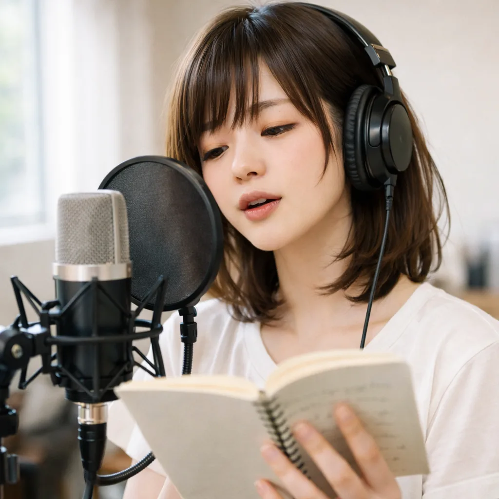 歌詞を読みながら歌う女性